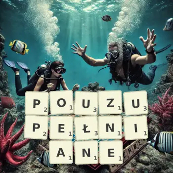 Kreatywna ilustracja do gry w Scrabble ze słowem POUZUPEŁNIANE ułożonym z płytek na planszy.