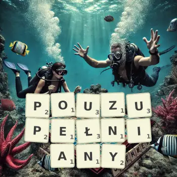 Kreatywna ilustracja do gry w Scrabble ze słowem POUZUPEŁNIANY ułożonym z płytek na planszy.