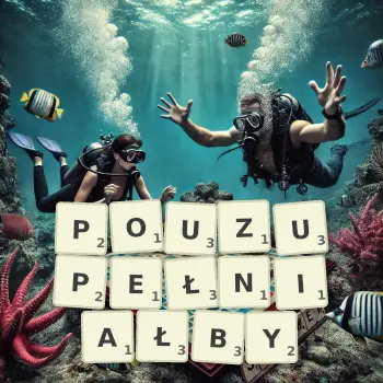Kreatywna ilustracja do gry w Scrabble ze słowem POUZUPEŁNIAŁBY ułożonym z płytek na planszy.