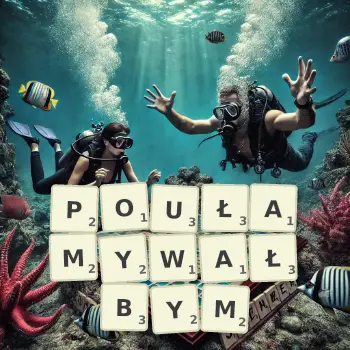 Kreatywna ilustracja do gry w Scrabble ze słowem POUŁAMYWAŁBYM ułożonym z płytek na planszy.