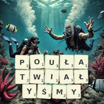 Kreatywna ilustracja do gry w Scrabble ze słowem POUŁATWIAŁYŚMY ułożonym z płytek na planszy.