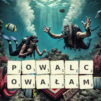 Kreatywna ilustracja do gry w Scrabble ze słowem POWALCOWAŁAM ułożonym z płytek na planszy.