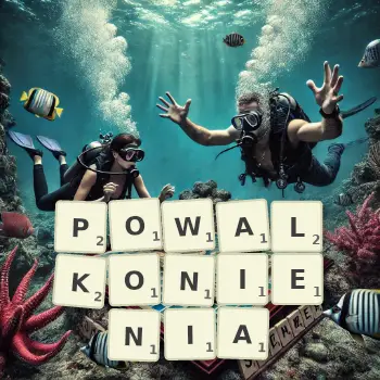 Kreatywna ilustracja do gry w Scrabble ze słowem POWALKONIENIA ułożonym z płytek na planszy.