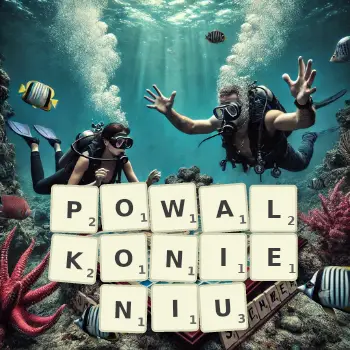 Kreatywna ilustracja do gry w Scrabble ze słowem POWALKONIENIU ułożonym z płytek na planszy.