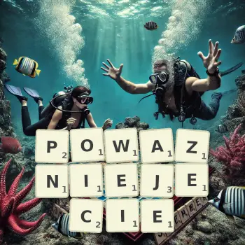 Kreatywna ilustracja do gry w Scrabble ze słowem POWAZNIEJECIE ułożonym z płytek na planszy.