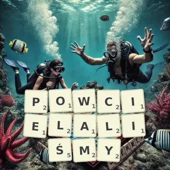 Kreatywna ilustracja do gry w Scrabble ze słowem POWCIELALIŚMY ułożonym z płytek na planszy.