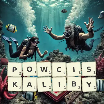 Kreatywna ilustracja do gry w Scrabble ze słowem POWCISKALIBY ułożonym z płytek na planszy.