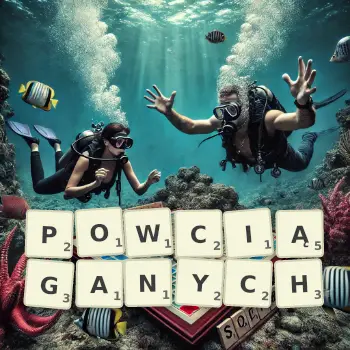 Kreatywna ilustracja do gry w Scrabble ze słowem POWCIĄGANYCH ułożonym z płytek na planszy.