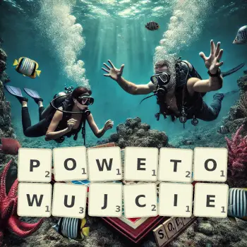 Kreatywna ilustracja do gry w Scrabble ze słowem POWETOWUJCIE ułożonym z płytek na planszy.