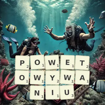 Kreatywna ilustracja do gry w Scrabble ze słowem POWETOWYWANIU ułożonym z płytek na planszy.