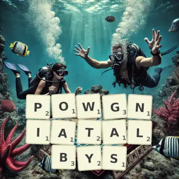 Kreatywna ilustracja do gry w Scrabble ze słowem POWGNIATALBYS ułożonym z płytek na planszy.