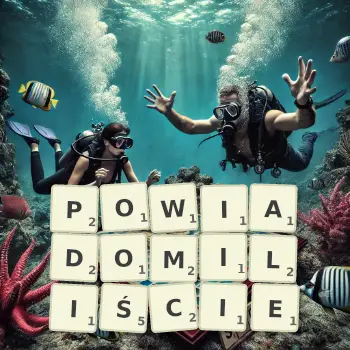 Kreatywna ilustracja do gry w Scrabble ze słowem POWIADOMILIŚCIE ułożonym z płytek na planszy.