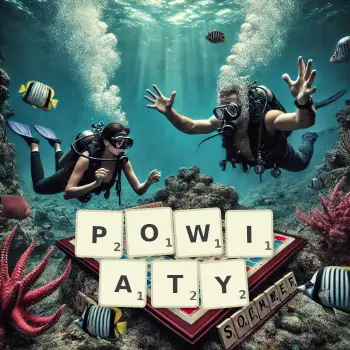 Kreatywna ilustracja do gry w Scrabble ze słowem POWIATY ułożonym z płytek na planszy.