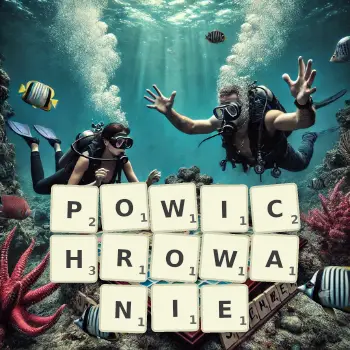 Kreatywna ilustracja do gry w Scrabble ze słowem POWICHROWANIE ułożonym z płytek na planszy.