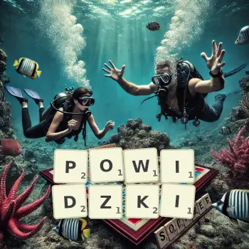 Kreatywna ilustracja do gry w Scrabble ze słowem POWIDZKI ułożonym z płytek na planszy.