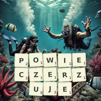 Kreatywna ilustracja do gry w Scrabble ze słowem POWIECZERZUJE ułożonym z płytek na planszy.