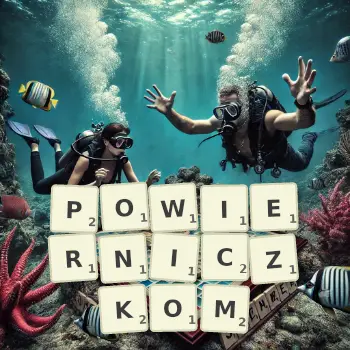 Kreatywna ilustracja do gry w Scrabble ze słowem POWIERNICZKOM ułożonym z płytek na planszy.