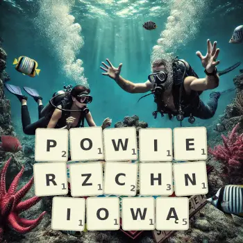 Kreatywna ilustracja do gry w Scrabble ze słowem POWIERZCHNIOWĄ ułożonym z płytek na planszy.