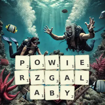 Kreatywna ilustracja do gry w Scrabble ze słowem POWIERZGALABY ułożonym z płytek na planszy.