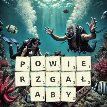 Kreatywna ilustracja do gry w Scrabble ze słowem POWIERZGAŁABY ułożonym z płytek na planszy.