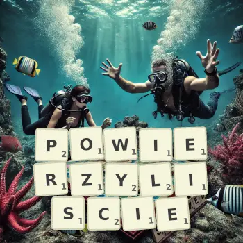 Kreatywna ilustracja do gry w Scrabble ze słowem POWIERZYLISCIE ułożonym z płytek na planszy.