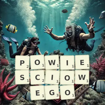 Kreatywna ilustracja do gry w Scrabble ze słowem POWIESCIOWEGO ułożonym z płytek na planszy.