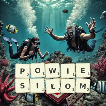 Kreatywna ilustracja do gry w Scrabble ze słowem POWIESIŁOM ułożonym z płytek na planszy.