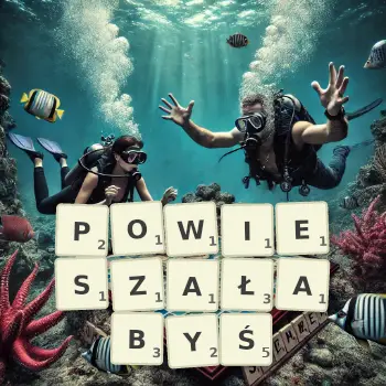 Kreatywna ilustracja do gry w Scrabble ze słowem POWIESZAŁABYŚ ułożonym z płytek na planszy.