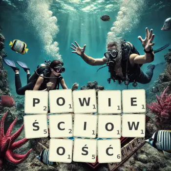 Kreatywna ilustracja do gry w Scrabble ze słowem POWIEŚCIOWOŚĆ ułożonym z płytek na planszy.