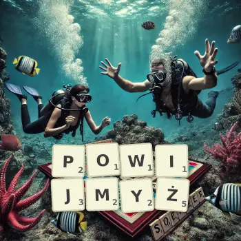 Kreatywna ilustracja do gry w Scrabble ze słowem POWIJMYŻ ułożonym z płytek na planszy.