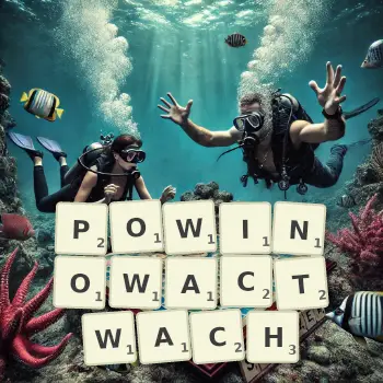 Kreatywna ilustracja do gry w Scrabble ze słowem POWINOWACTWACH ułożonym z płytek na planszy.