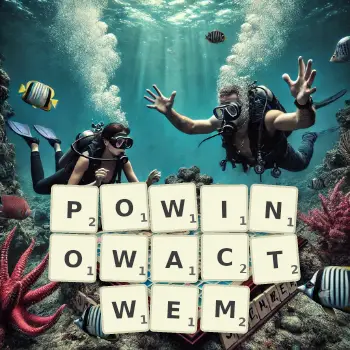 Kreatywna ilustracja do gry w Scrabble ze słowem POWINOWACTWEM ułożonym z płytek na planszy.