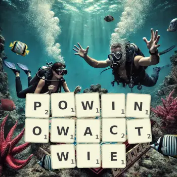 Kreatywna ilustracja do gry w Scrabble ze słowem POWINOWACTWIE ułożonym z płytek na planszy.