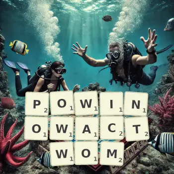 Kreatywna ilustracja do gry w Scrabble ze słowem POWINOWACTWOM ułożonym z płytek na planszy.