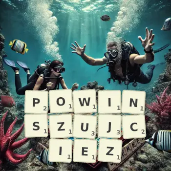 Kreatywna ilustracja do gry w Scrabble ze słowem POWINSZUJCIEZ ułożonym z płytek na planszy.