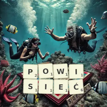 Kreatywna ilustracja do gry w Scrabble ze słowem POWISIEĆ ułożonym z płytek na planszy.