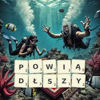 Kreatywna ilustracja do gry w Scrabble ze słowem POWIĄDŁSZY ułożonym z płytek na planszy.
