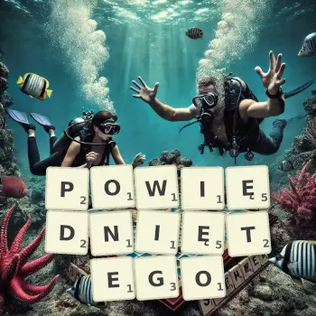 Kreatywna ilustracja do gry w Scrabble ze słowem POWIĘDNIĘTEGO ułożonym z płytek na planszy.