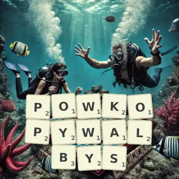 Kreatywna ilustracja do gry w Scrabble ze słowem POWKOPYWALBYS ułożonym z płytek na planszy.