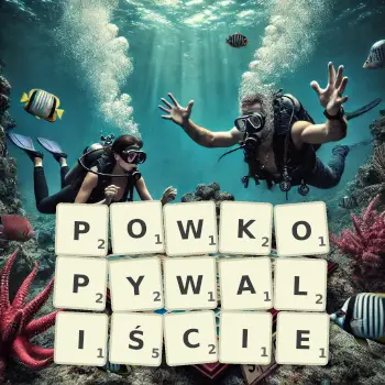 Kreatywna ilustracja do gry w Scrabble ze słowem POWKOPYWALIŚCIE ułożonym z płytek na planszy.