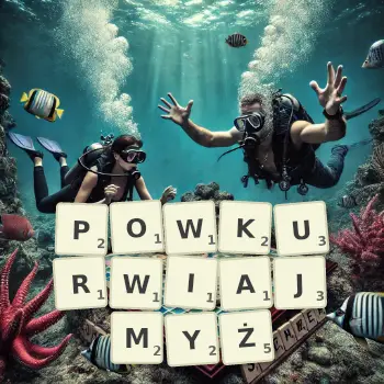 Kreatywna ilustracja do gry w Scrabble ze słowem POWKURWIAJMYŻ ułożonym z płytek na planszy.