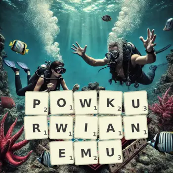 Kreatywna ilustracja do gry w Scrabble ze słowem POWKURWIANEMU ułożonym z płytek na planszy.