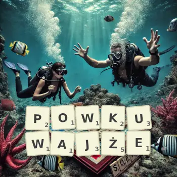 Kreatywna ilustracja do gry w Scrabble ze słowem POWKUWAJŻE ułożonym z płytek na planszy.