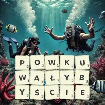 Kreatywna ilustracja do gry w Scrabble ze słowem POWKUWAŁYBYŚCIE ułożonym z płytek na planszy.