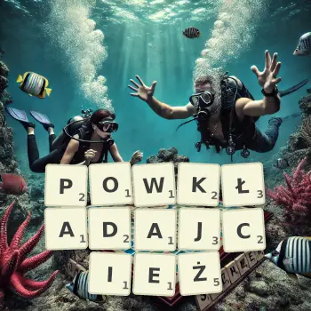 Kreatywna ilustracja do gry w Scrabble ze słowem POWKŁADAJCIEŻ ułożonym z płytek na planszy.