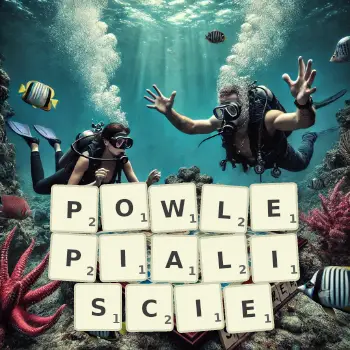 Kreatywna ilustracja do gry w Scrabble ze słowem POWLEPIALISCIE ułożonym z płytek na planszy.