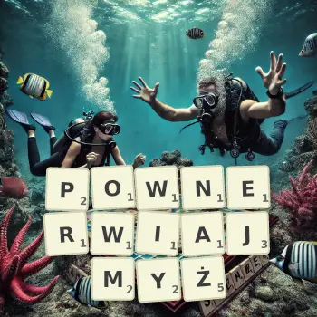 Kreatywna ilustracja do gry w Scrabble ze słowem POWNERWIAJMYŻ ułożonym z płytek na planszy.