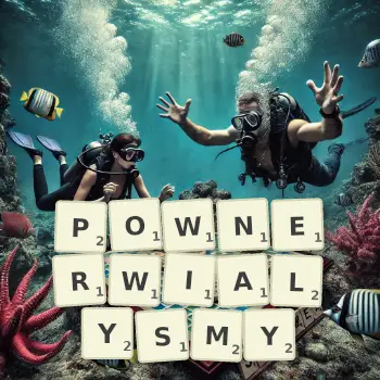 Kreatywna ilustracja do gry w Scrabble ze słowem POWNERWIALYSMY ułożonym z płytek na planszy.