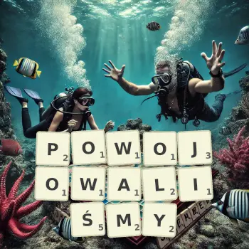 Kreatywna ilustracja do gry w Scrabble ze słowem POWOJOWALIŚMY ułożonym z płytek na planszy.