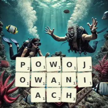 Kreatywna ilustracja do gry w Scrabble ze słowem POWOJOWANIACH ułożonym z płytek na planszy.